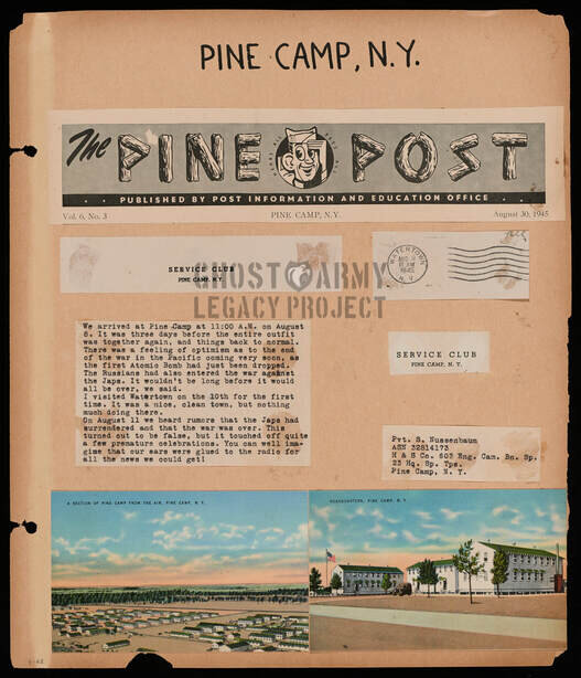 WW2 scrapbook page showing postcard from Pine Camp NY