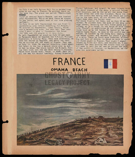 scrapbook page of clippings and a postcard from france ww2