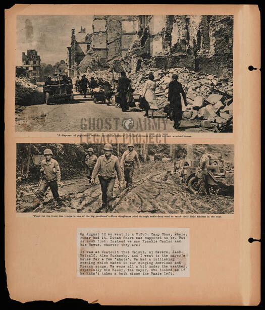 scrapbook page of clipping showing photos of rubble in France after German shelling