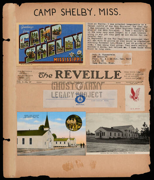 WW2 Scrapbook page showing scenes from Camp Shelby MS