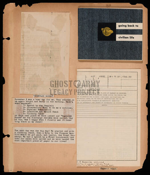 WW2 Scrapbook page showing a booklet on returning to civilian life and a schedule