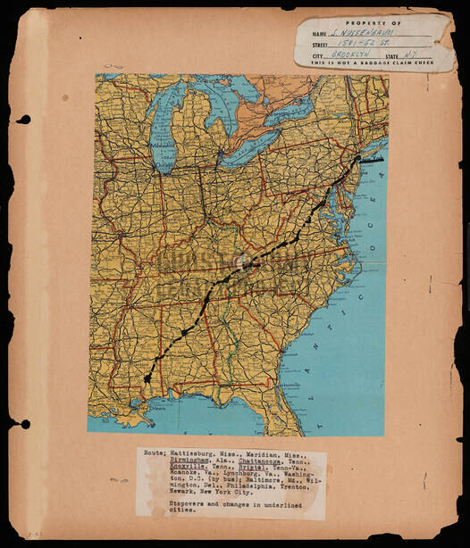 WW2 Scrapbook page showing a map with a route outlined from MS to NY