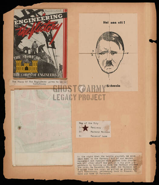scrapbook page of clippings including a dart board target depicting HItler