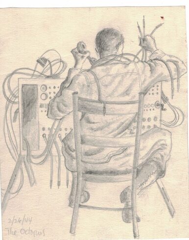 sketch of soldier struggling with communications equipment