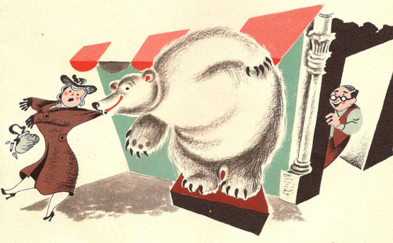 printed illustration of a polar bear on a pedestal leaning over to nip at the shoulder of a woman walking nearby while a man smiles in the background