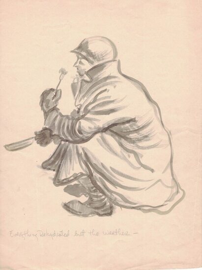 sketch of soldier squatting and eating in overcoat