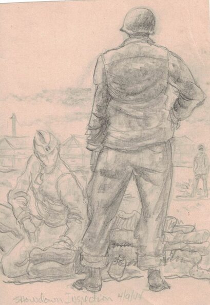 sketch of sergeant watching soldier filling sandbags