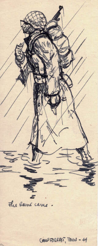 sketch of soldier marching in the rain
