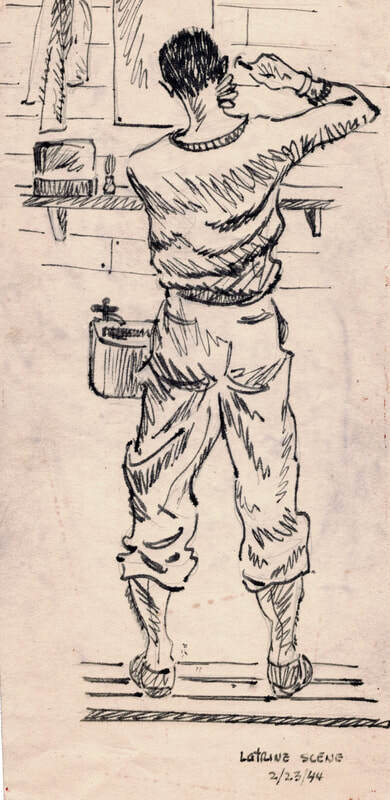 sketch of man shaving in the army