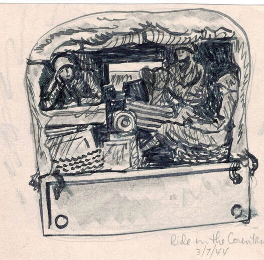 sketch of soldiers riding in the back of a truck