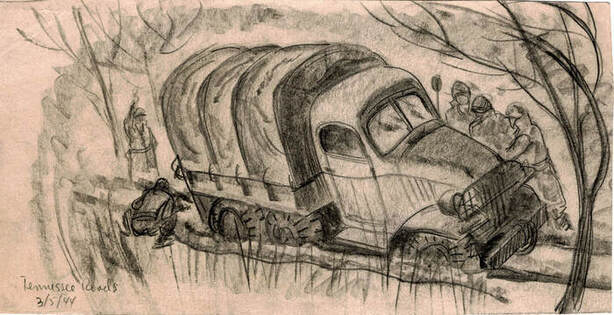 sketch of truck stalled and tilted on mud road