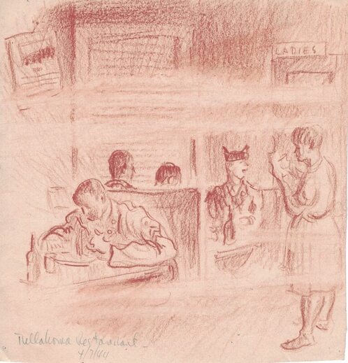 sketch of soldiers ordering food in a resaurant