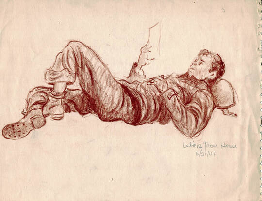 sketch of soldier laying on bunk and reading a letter
