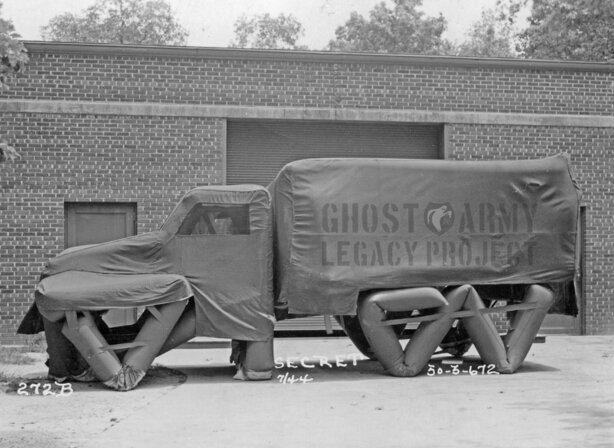 Inflated truck with canvas cover showing frame